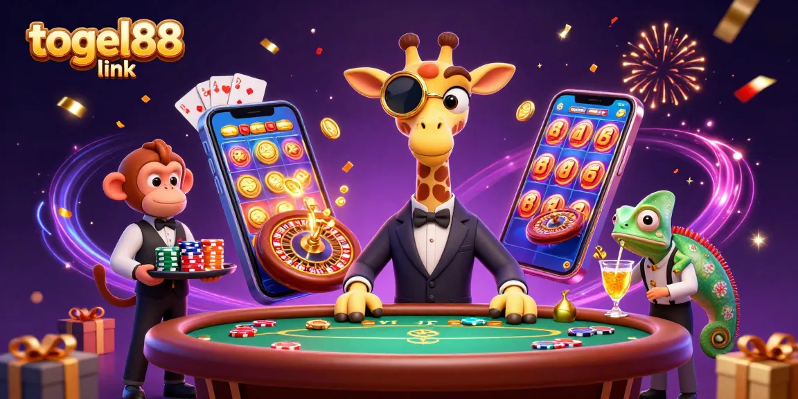 Experience the excitement of the togel88 link as the giraffe high-roller plays poker in a vibrant casino scene.