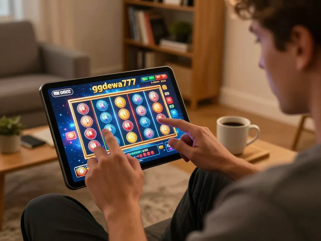 Engaging gameplay on ggdewa777 mobile app showcasing thrilling slot machine action indoors