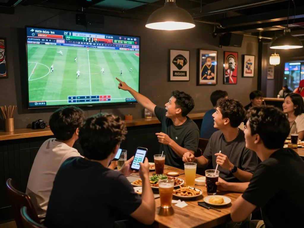 Friends engaging in sports betting, checking kèo nhà cái on smartphones while watching a live game.
