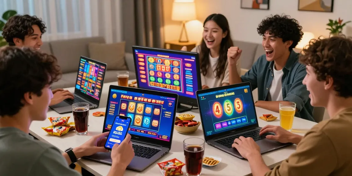 Online gaming excitement at home with ngamenjitu app in action, showcasing diverse players enjoying lottery and slots.