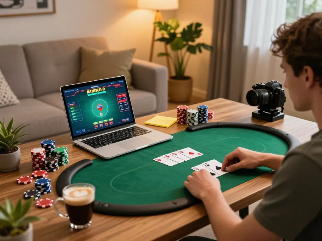 KONG88 player enjoying strategic online poker gameplay at a cozy home office.