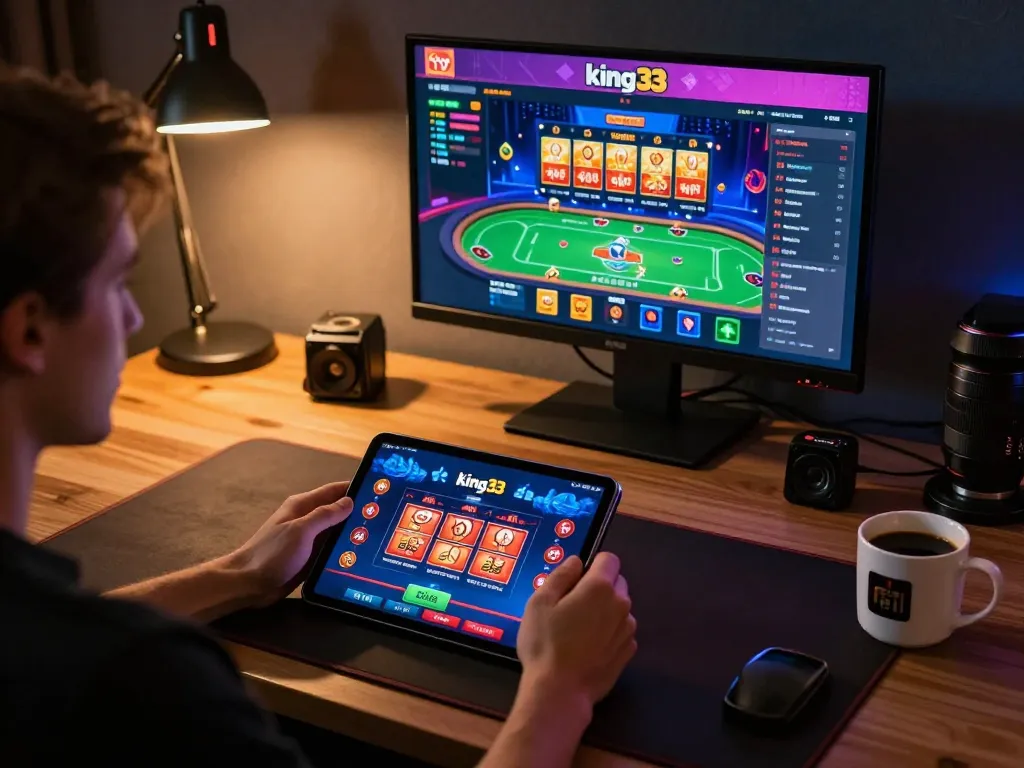 king33 user engaging with online casino app on tablet, showcasing live dealer games and vibrant poker displays