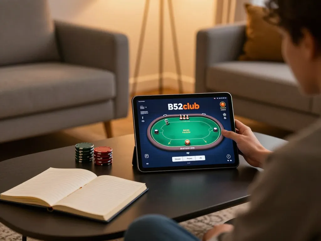 B52club player engaging with online poker game on tablet in a cozy home setting.