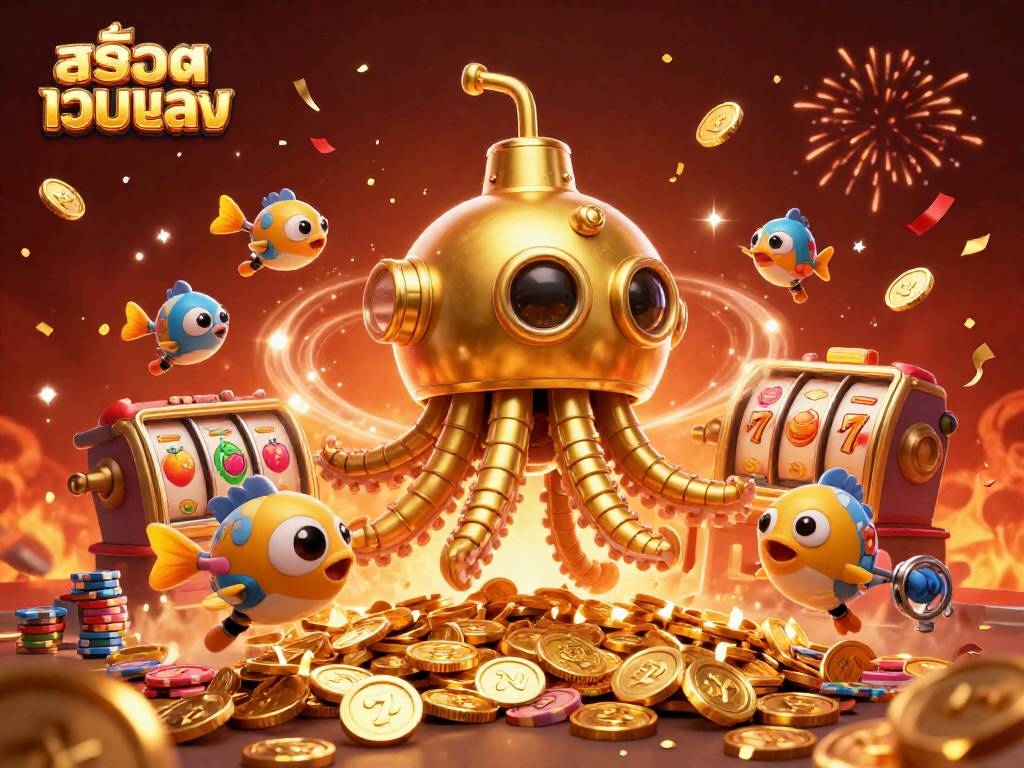 Spin the reels at สล็อตเว็บตรง with a vibrant 3D kraken amid golden coins for thrilling wins.