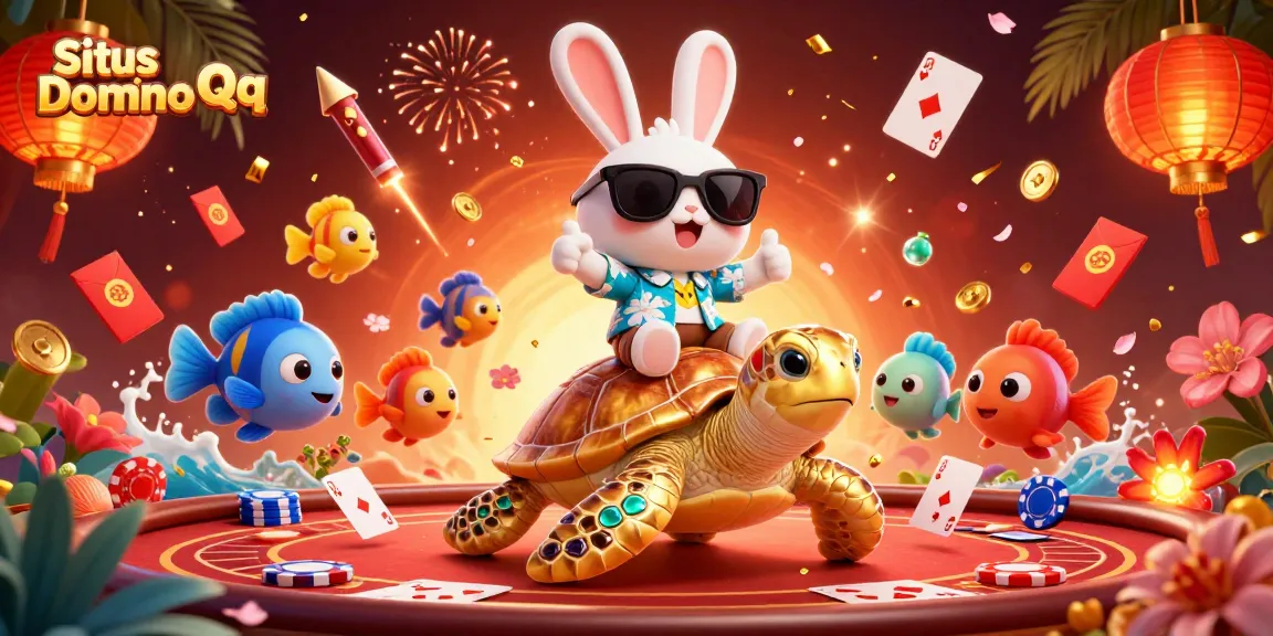 Win big at Situs Domino Qq with enjoyable poker moments, vibrant scene featuring lucky rabbit and golden turtle.