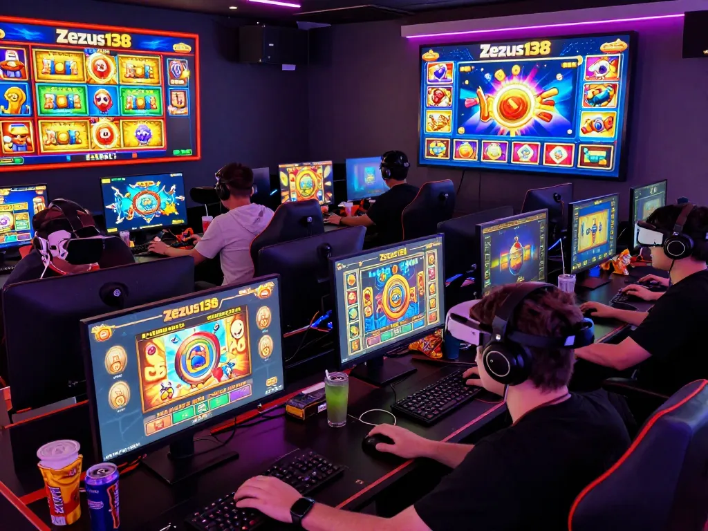 Engaged gamers playing on Zeus138, showcasing vibrant slot games and immersive setups