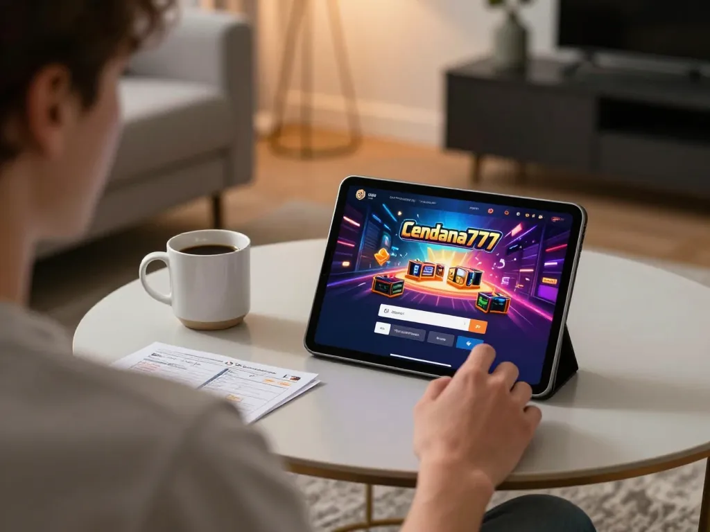 Cendana777 login screen displayed on tablet during online gaming session at home.