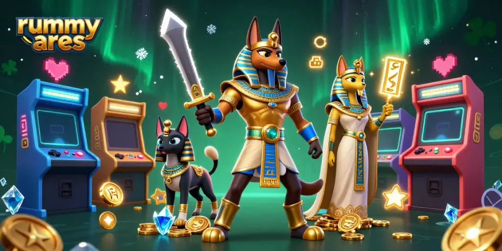 Experience the thrilling rummy ares gameplay in a vibrant 3D cartoon illustration, featuring Anubis and Bastet.