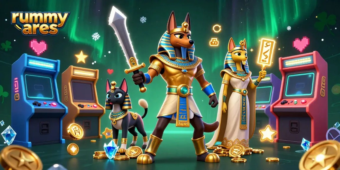 Experience the thrilling rummy ares gameplay in a vibrant 3D cartoon illustration, featuring Anubis and Bastet.