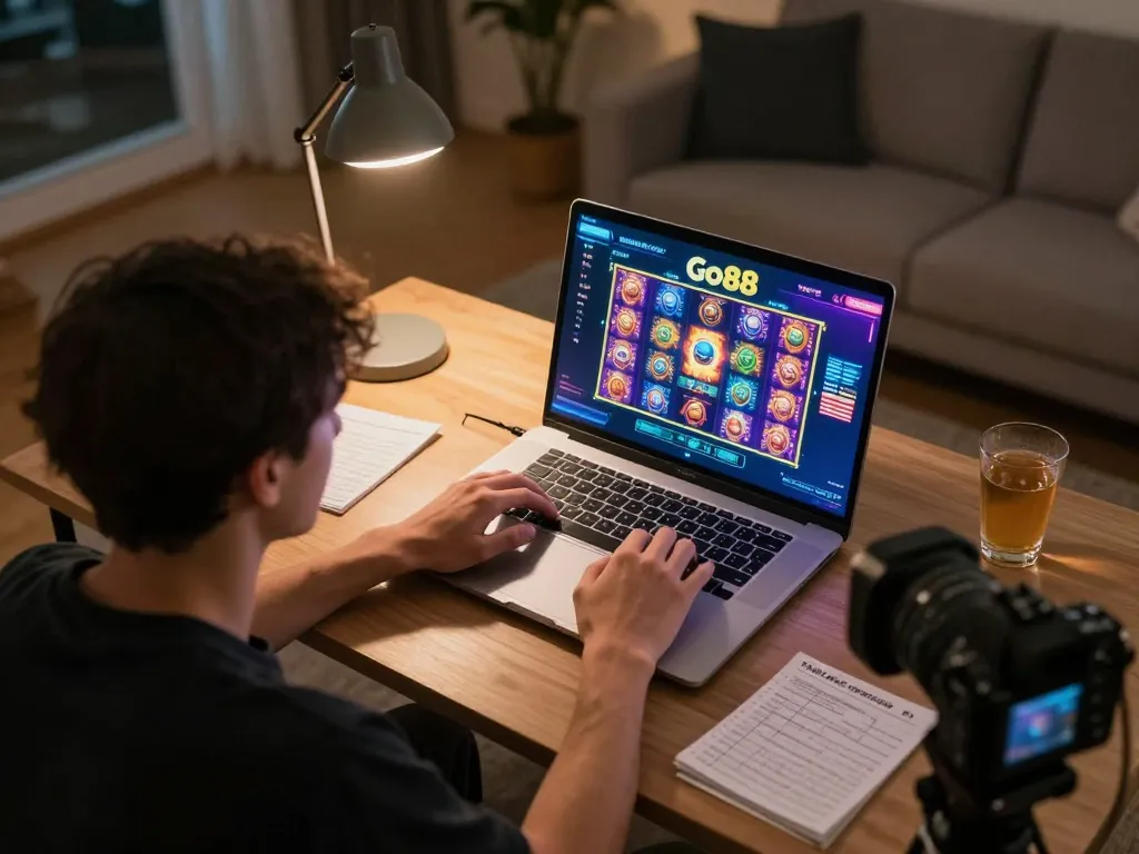 Player enjoying Go88's vibrant slot games on a laptop in a cozy home setting.