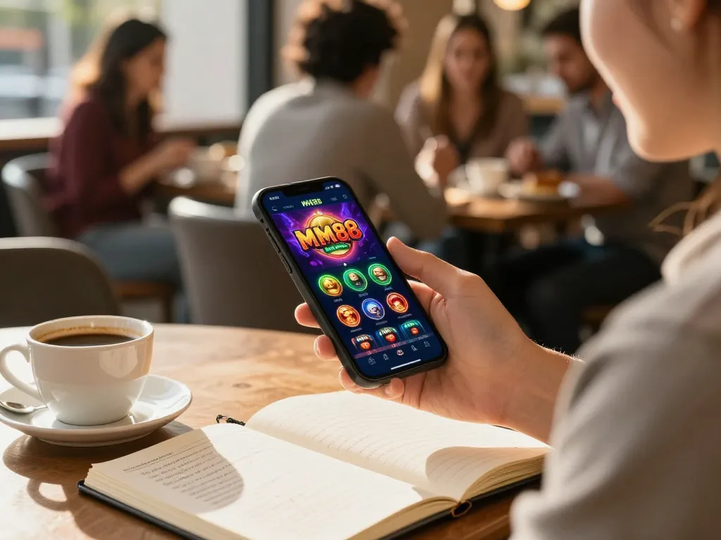 Engaging mobile gaming moment with MM88 app displayed on a smartphone in a stylish cafe setting.