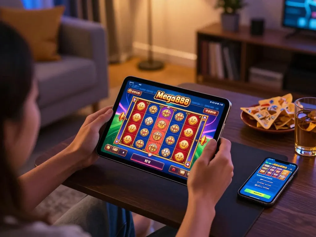 Experience the thrill of download mega888 with a vibrant online gaming setup at home.