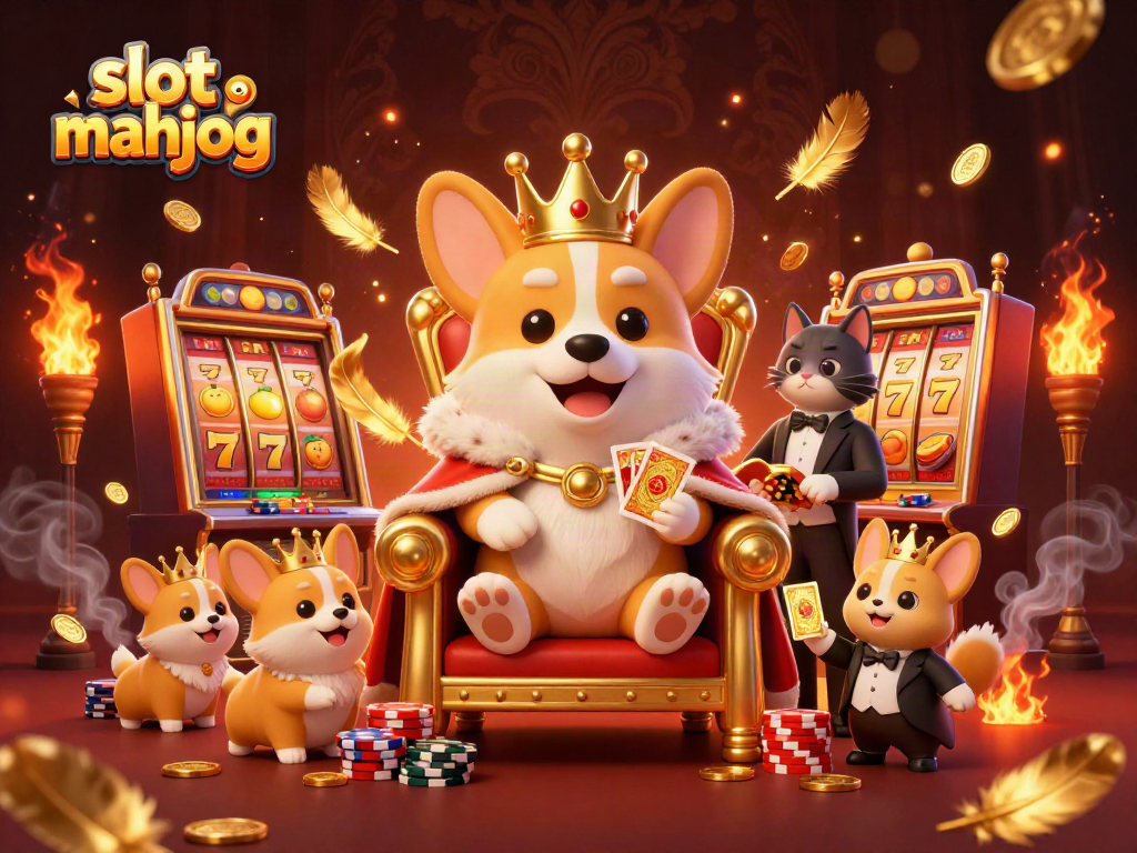 Experience thrilling gameplay with slot mahjong as adorable corgis celebrate winning on a colorful throne.