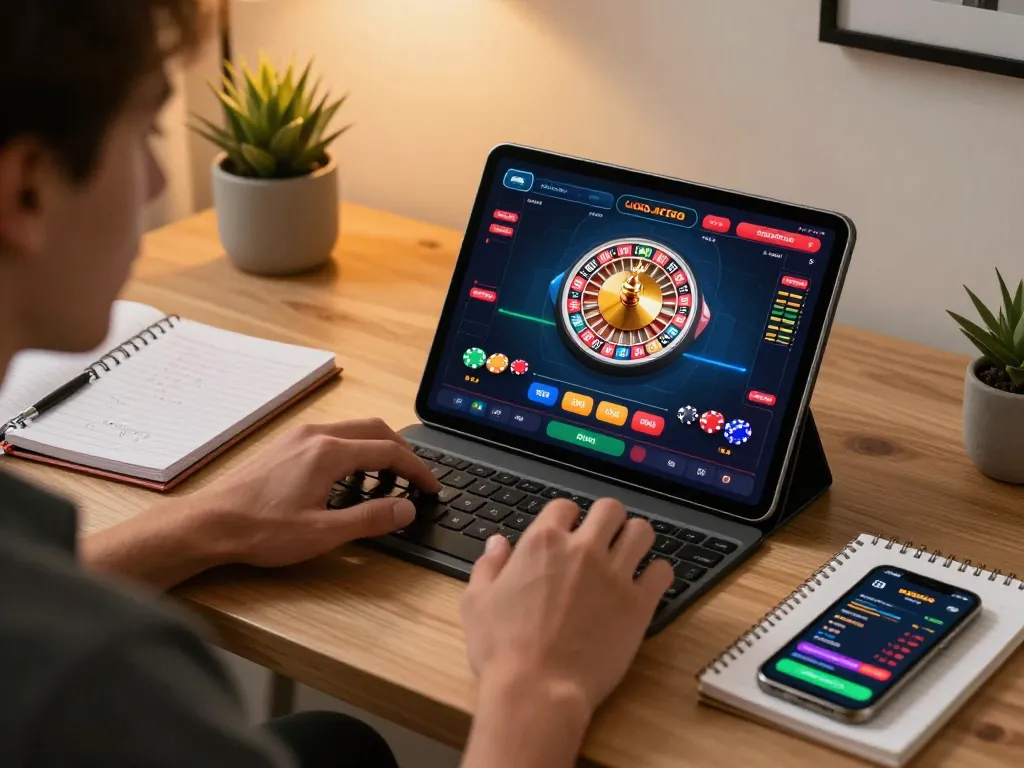 Engaging with LIGALGO's online casino app while playing live roulette in a cozy home setup.