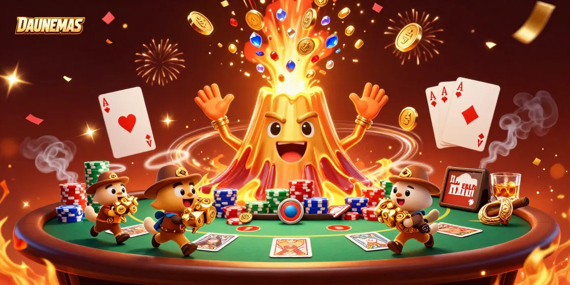 Engage with the DAUNEMAS experience as a golden volcano erupts treasures amidst poker excitement.