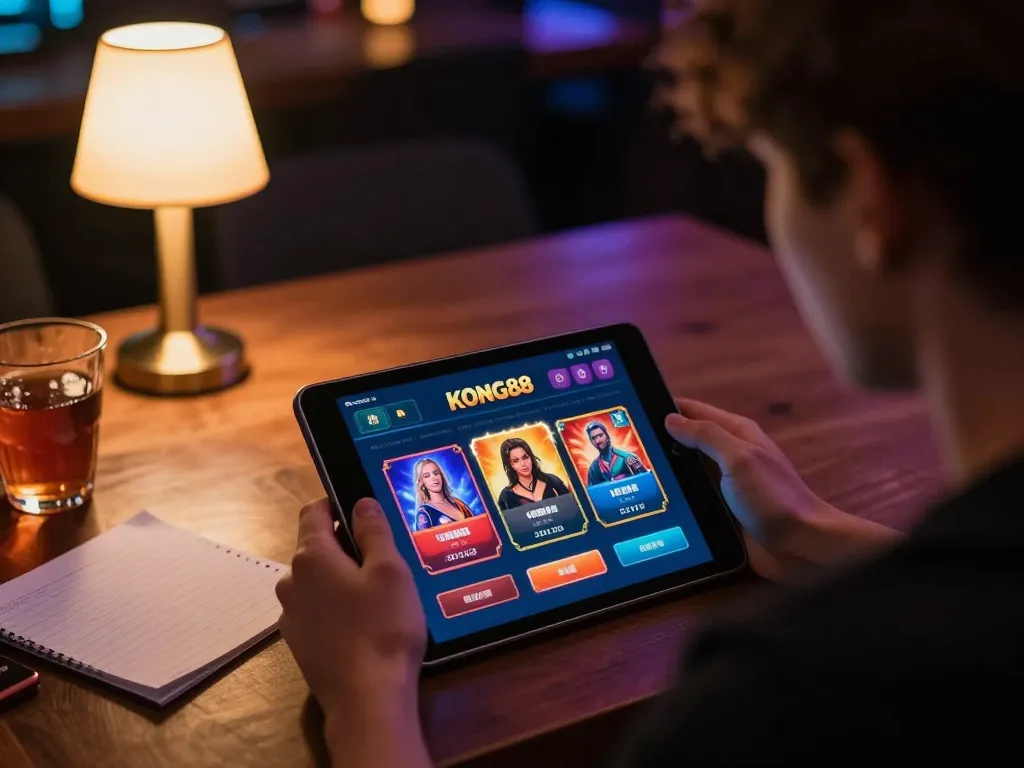 KONG88 user enjoying online gambling on a tablet in a cozy home setting.