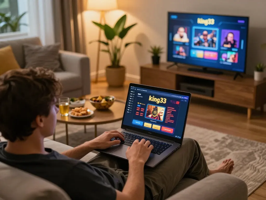 Engaging player accessing king33 online casino from a cozy home setup for an enjoyable gambling experience.