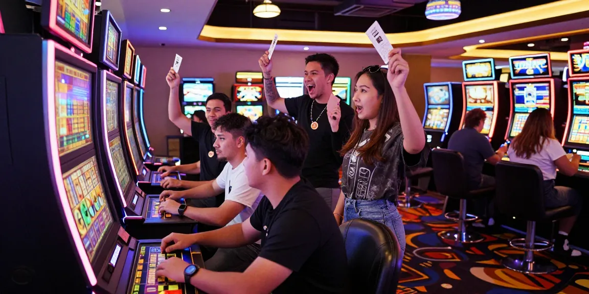 Suasana kasino di https://honda555.net/ dengan pemain mesin slot merayakan kemenangan jackpot, dikelilingi cahaya neon meriah.