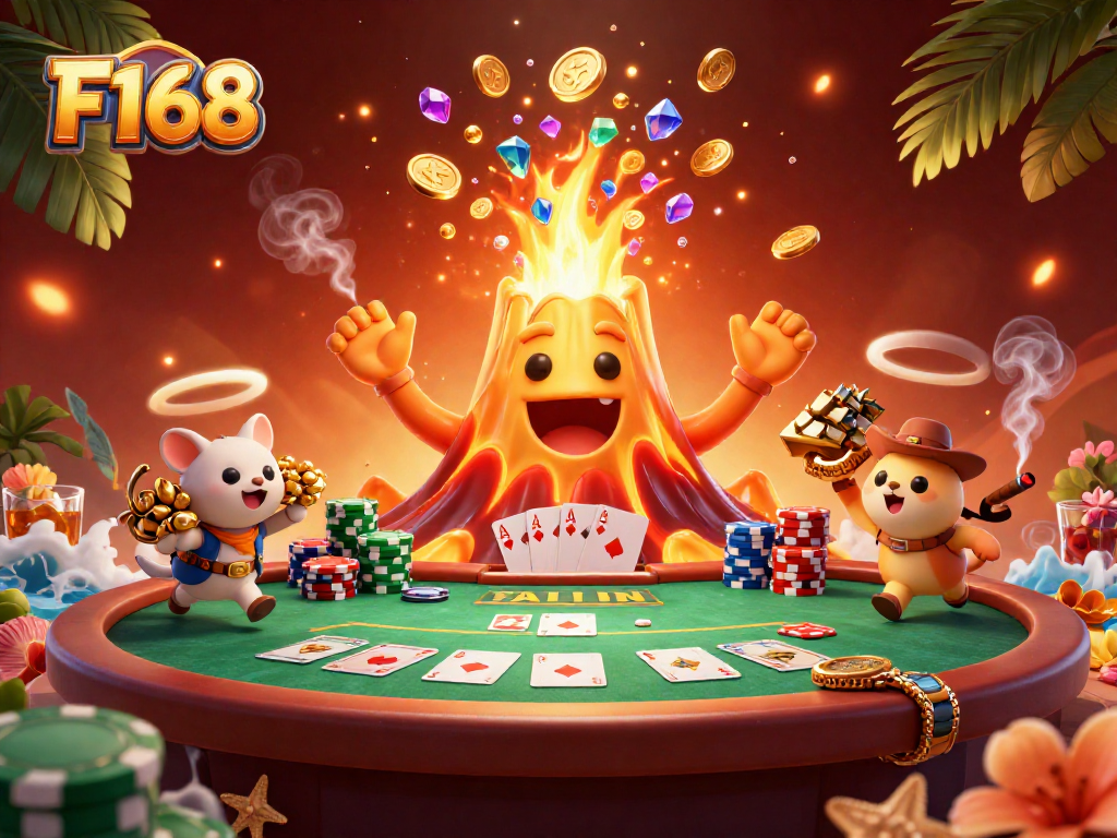 Experience thrilling wins with F168 as the volcano erupts coins, treasures, and poker elements flood the scene.