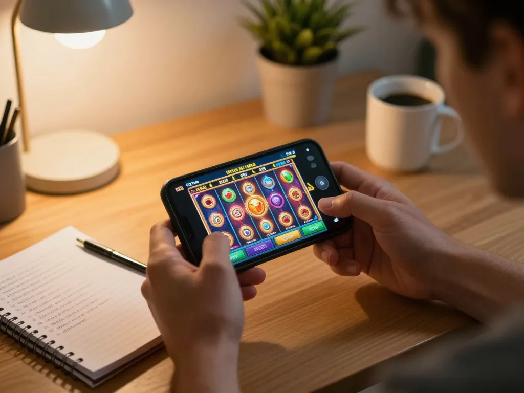Player enjoying uu88 online slots on a smartphone, showcasing immersive home gaming atmosphere.