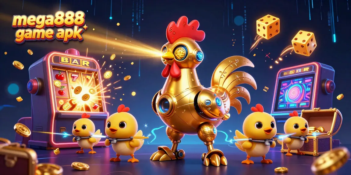 Engage in thrilling action with mega888 game apk; vibrant casino illustration featuring a retro-futuristic robot.