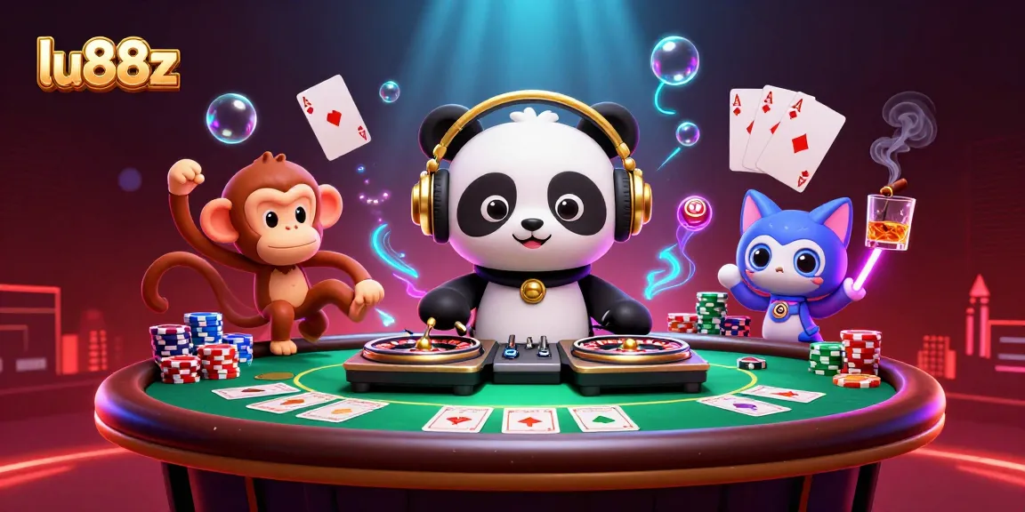 Experience epic gaming vibes with lu88z, where a DJ panda spins roulette wheels amid vibrant casino action.