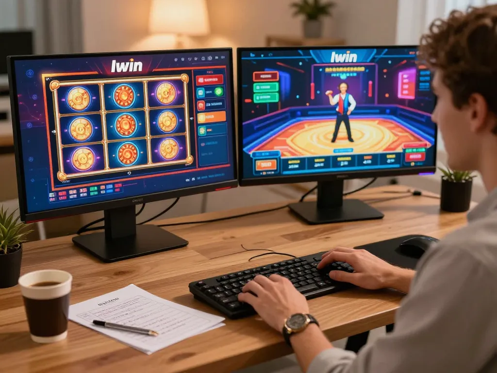 Iwin offers engaging gameplay with a user enjoying dual screens in a cozy home office.