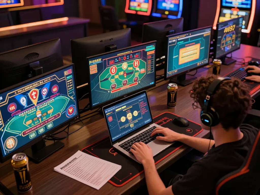 Player engaged in online casino games on multiple screens showcasing 99ok live dealer and slots.