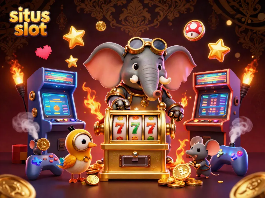 Gambarkan situs slot dengan gajah steampunk memainkan mesin slot emas dalam suasana kasino yang penuh warna.