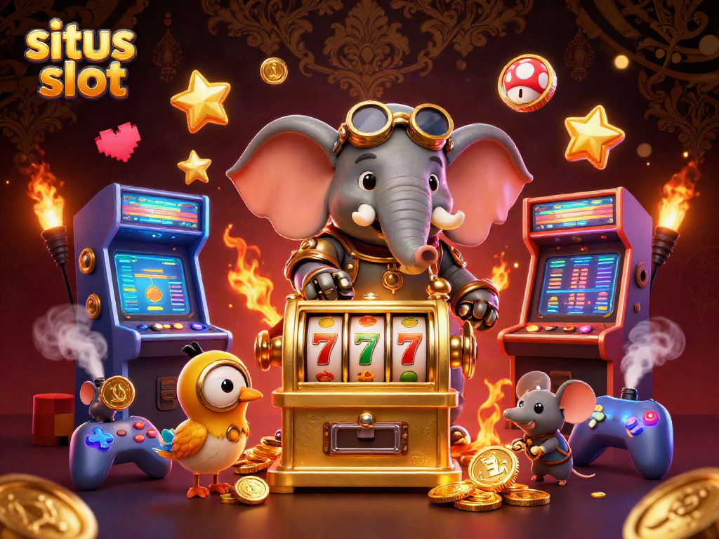 Gambarkan situs slot dengan gajah steampunk memainkan mesin slot emas dalam suasana kasino yang penuh warna.
