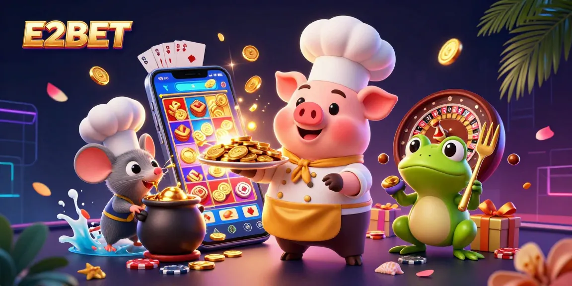 Win big with E2BET in this vibrant casino scene featuring dynamic characters and gambling elements.