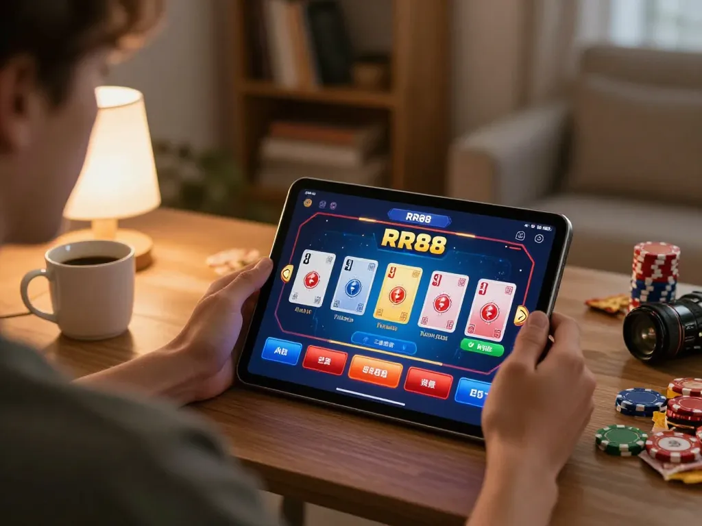 Engaging gameplay on RR88 App in a cozy home setting with warm lighting