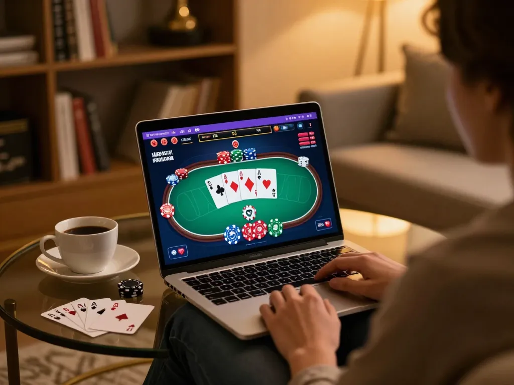 pengalaman gaming dewi123 di laptop dengan antarmuka poker, suasana rumah yang nyaman.