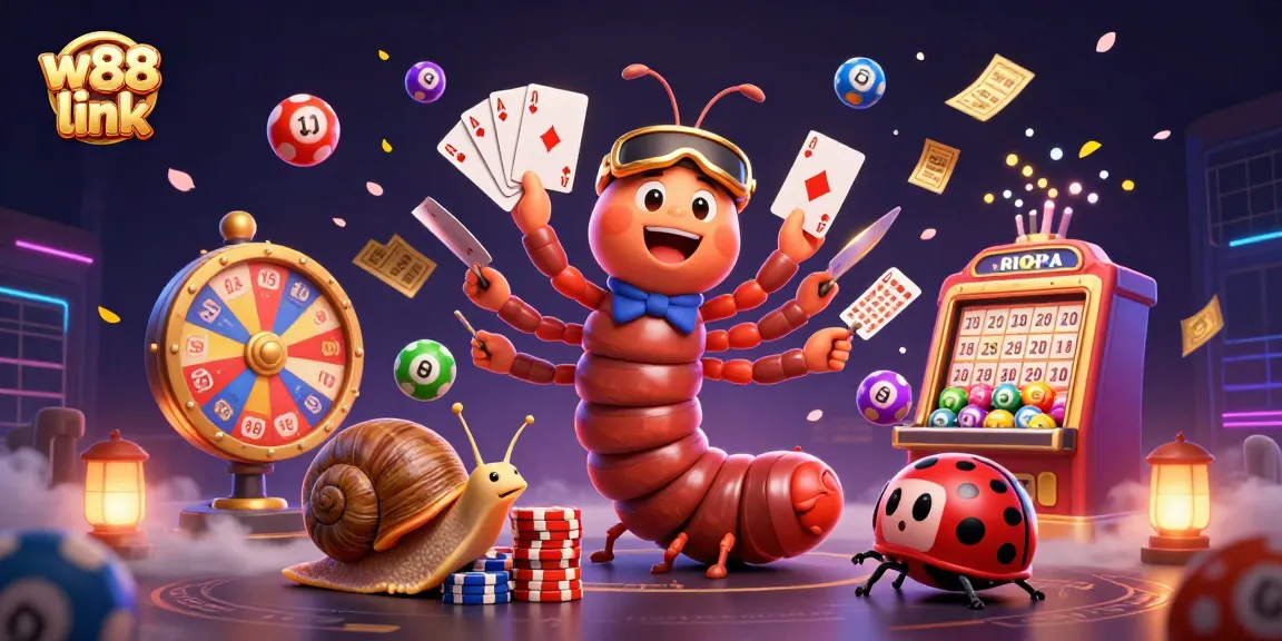 Experience exciting gaming action with the vibrant w88 link, featuring playful characters and dynamic lottery elements.