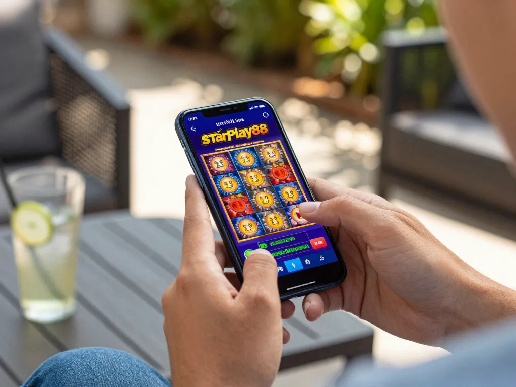 Berinteraksi dengan aplikasi mobile starplay88 sambil menikmati hiburan permainan di luar ruangan.