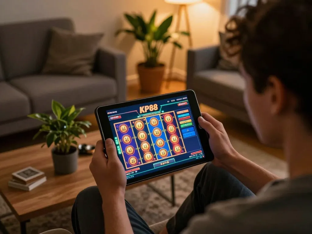 Engaging KP88 online gaming moment showing player focused on tablet with vibrant casino graphics