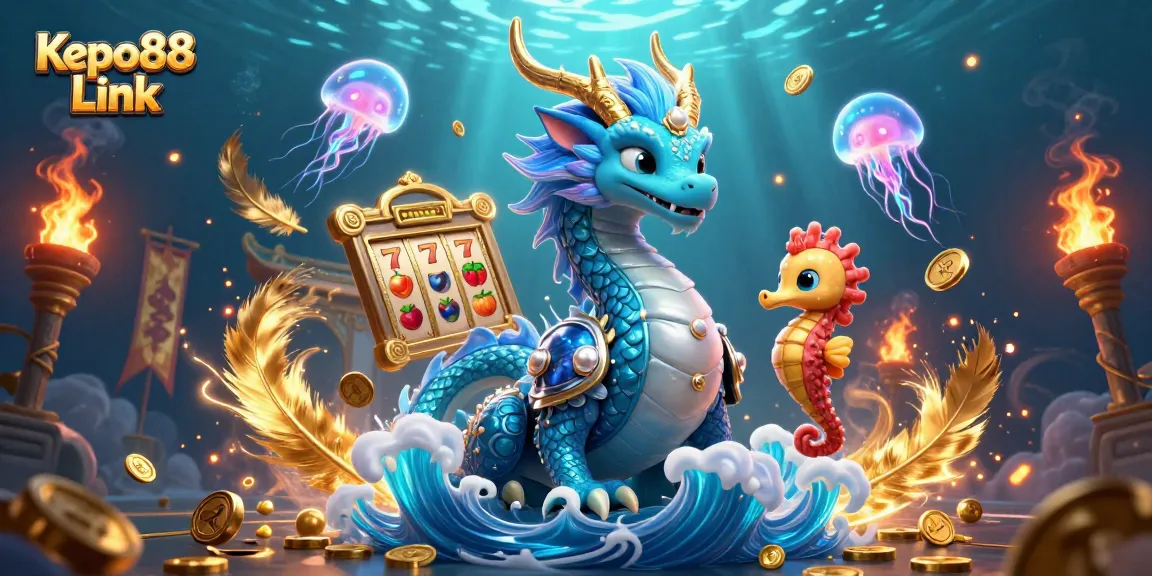 Engage with Kepo88 Link for thrilling slots, witnessing the azure water dragon amidst vibrant casino elements.