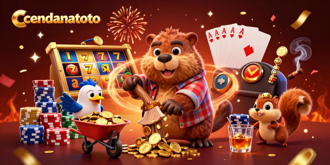 Cendanatoto celebrates winnings with a vibrant scene of cartoon characters and casino elements, showcasing excitement in gaming.