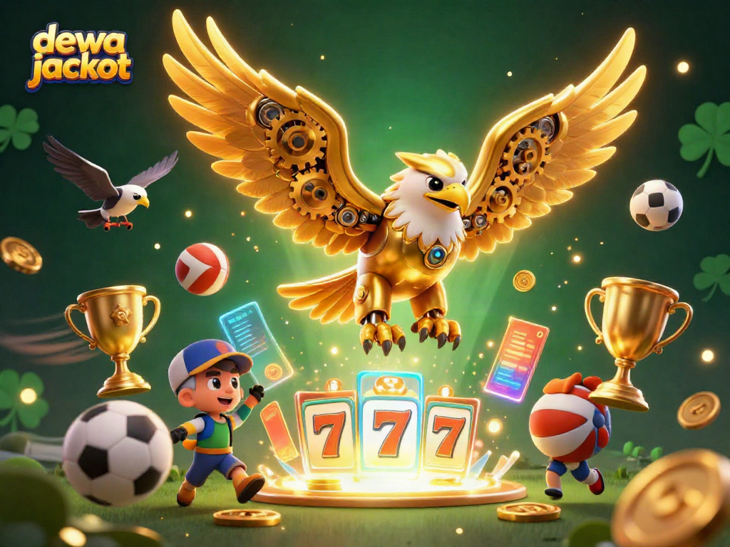 Slot jackpot dewa jackpot dengan gaya ilustrasi 3D warna-warni dan detail tinggi yang menampilkan simbol keberuntungan dan elemen permainan kasino.
