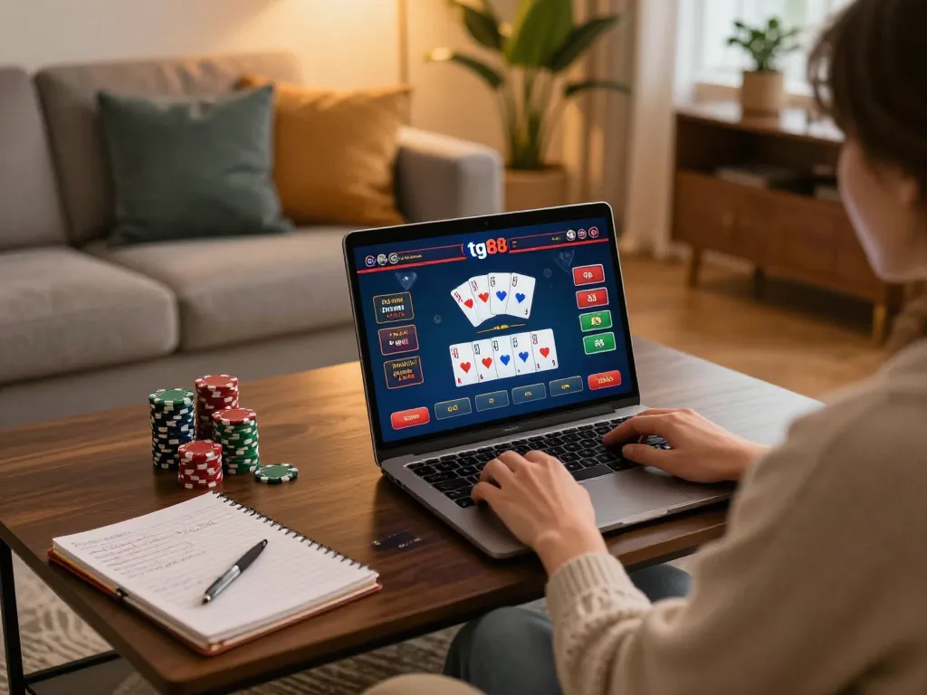 Engaging gameplay on tg88 casino platform with a person enjoying online poker at home
