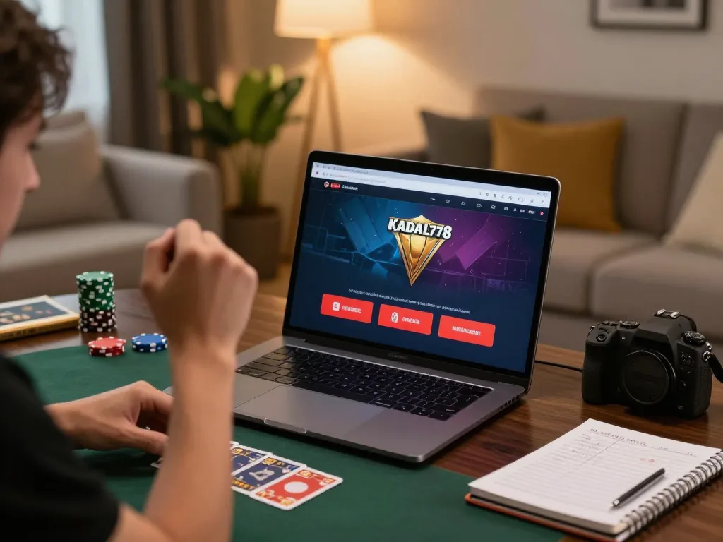 KADAL778 online gaming scene with a player celebrating a poker win in a cozy home setting.