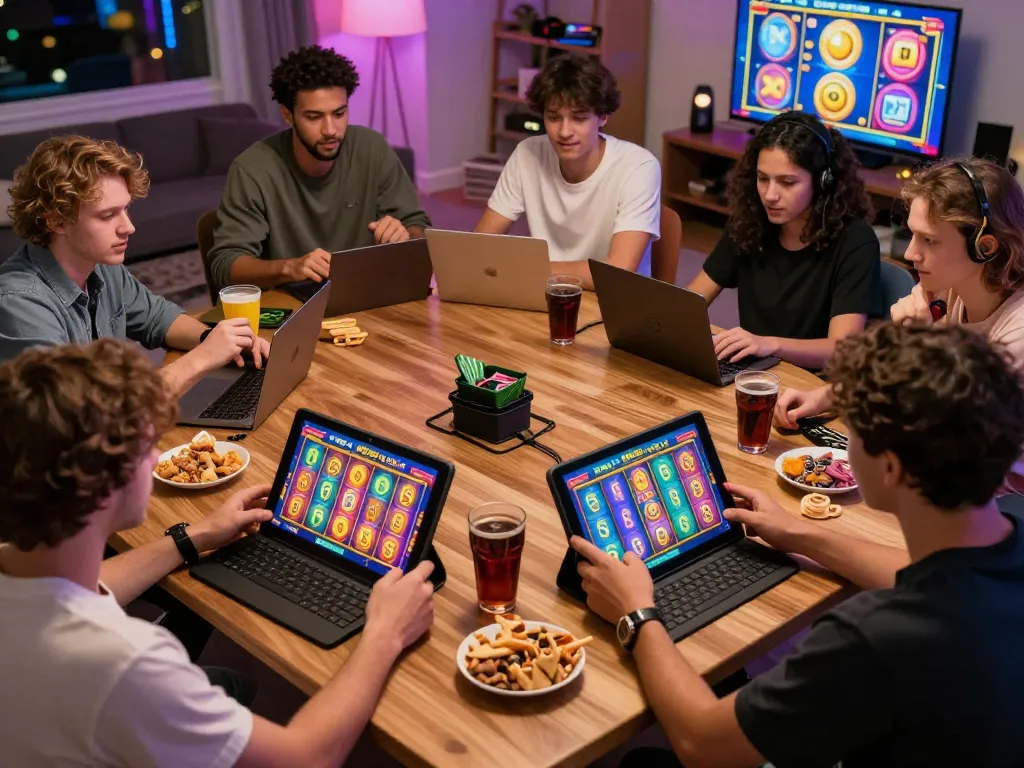Pemain yang terlibat menikmati Slot Demo PG Soft Lengkap di tablet dan laptop, menampilkan permainan online yang menarik.