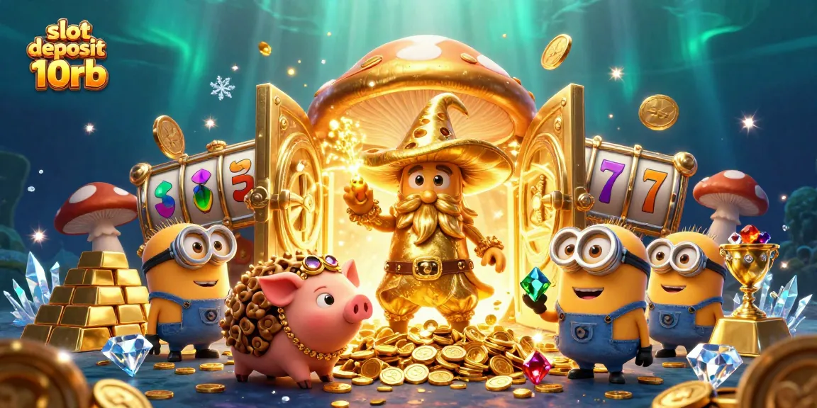 Experience the thrill of slot deposit 10rb with a magical scene of treasure and whimsical characters.