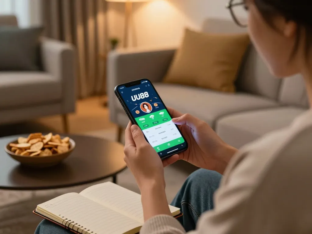 UU88 user interacting with mobile betting app in a cozy home setting, highlighting the convenience of online gaming.