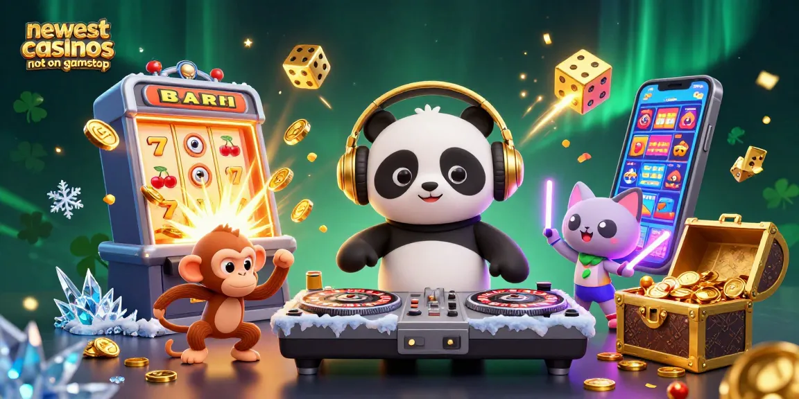 Experience the thrill of newest casinos not on gamstop with DJ panda, breakdancing monkey, and glowing kitten in a vibrant casino scene.