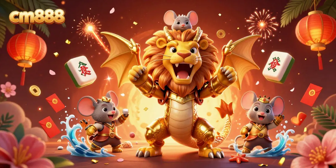 Experience vibrant gaming excitement with cm888 in a rich 3D casino scene featuring a chimera and lucky symbols.