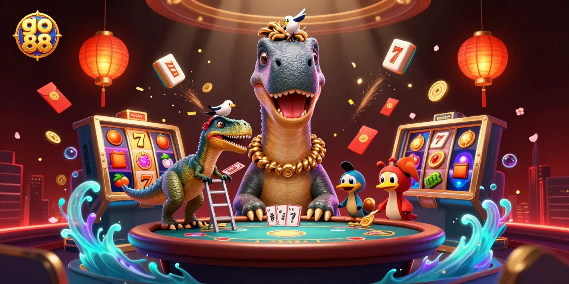 Experience the excitement of go 88 gaming with a vibrant scene featuring playful characters, slots, and festive decorations.