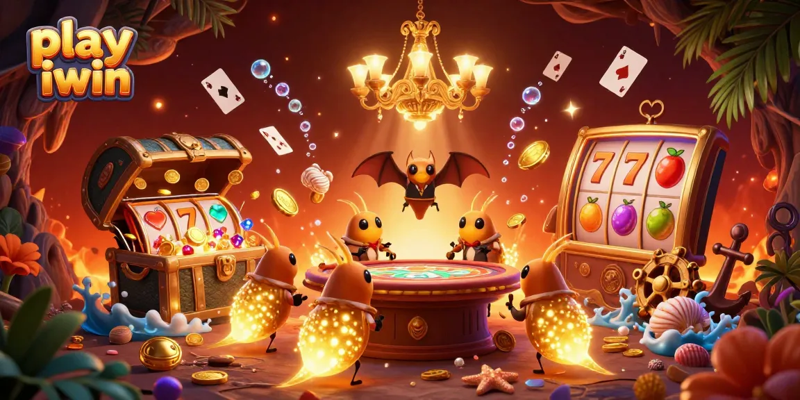 Play iwin through a vibrant 3D illustration featuring glowworms and a bat dealer in a lively casino setting.