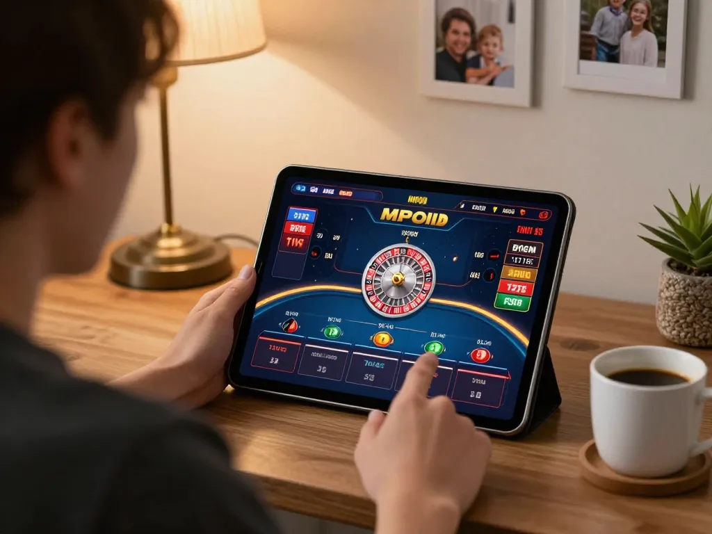MPOID user enjoying seamless online roulette gameplay on tablet in a cozy living room.