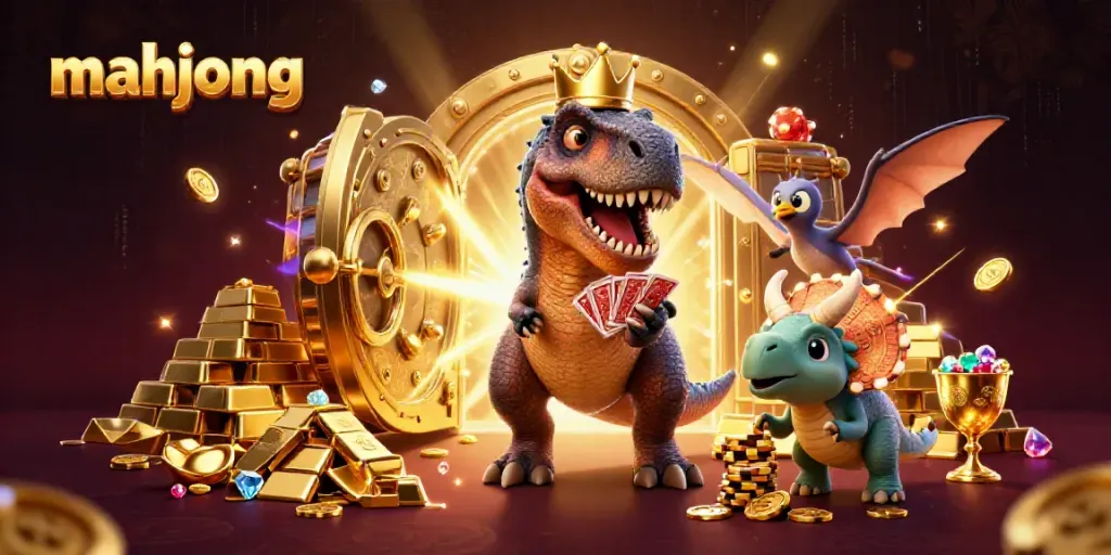 Permainan mahjong dengan dino kartun, chip emas, dan harta berkilau lainnya.